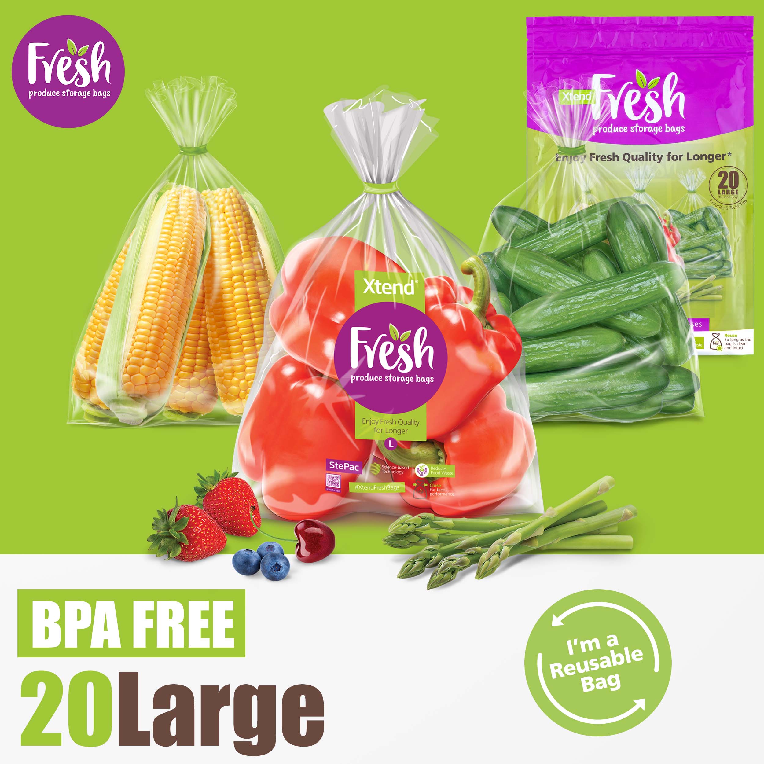 Keep it Fresh Produce Bags - 30 Reusable Fruit Veggie Freshness Green Bags  & Twist Ties